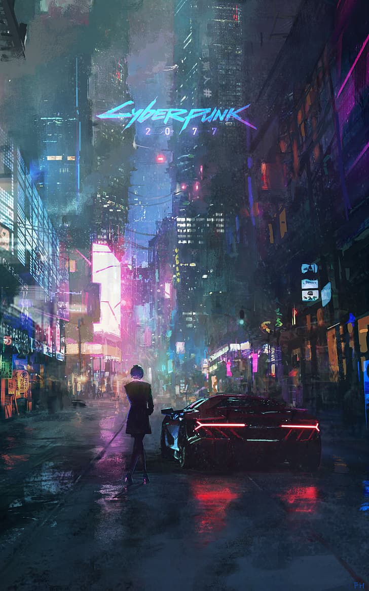 Cyberpunk 2077, cyber, neon, Futurisme, futuristik, gelap, malam, Wallpaper HD, wallpaper seluler