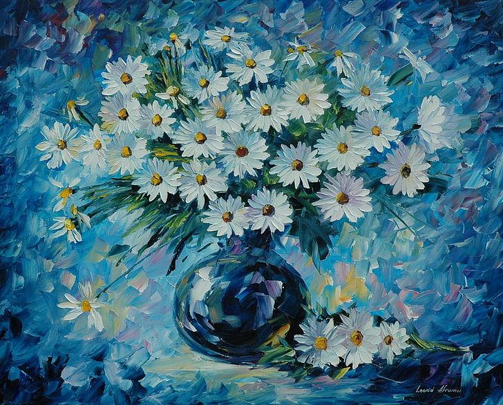 화이트 데이지 꽃 그림, 꽃, 카모마일, 꽃다발, 꽃병, 그림, Leonid Afremov, HD 배경 화면