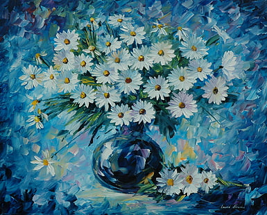 white daisy flowers painting, flowers, chamomile, bouquet, vase, painting, Leonid Afremov, HD wallpaper HD wallpaper