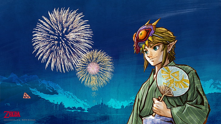 żółtowłosy mężczyzna anime postać trzymająca wachlarz, Link, The Legend of Zelda, język japoński, gry wideo, grafika, Tapety HD