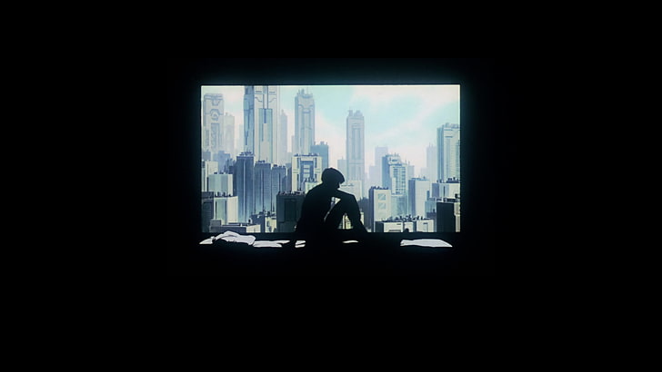 Fantôme dans la coquille, Kusanagi Motoko, paysage urbain, au lit, lit, chambre à coucher, femmes, fenêtre, fond noir, futuriste, cyberpunk, Fond d'écran HD