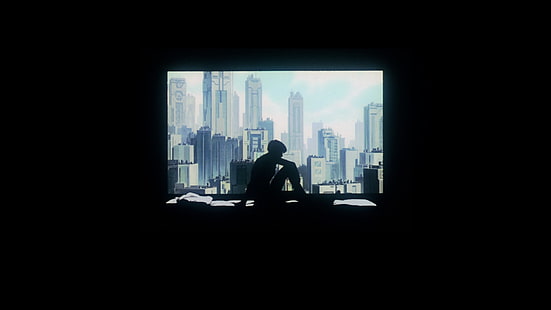Ghost in the Shell, Kusanagi Motoko, paisaje urbano, en cama, cama, dormitorio, mujeres, ventana, fondo negro, futurista, cyberpunk, Fondo de pantalla HD HD wallpaper
