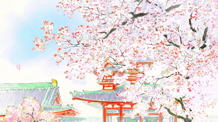 桜の木のイラスト、かぐや姫の物語、かぐや姫、アニメ映画、 HDデスクトップの壁紙