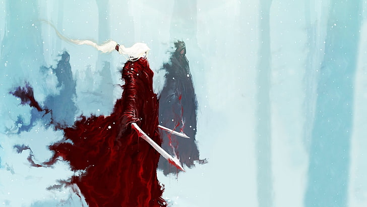 ilustracja siwowłosego mężczyzny trzymającego miecze, sztuka fantasy, zima, miecz, czerwony, aaron nakahara, Tapety HD