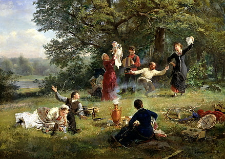 group of people dancing outdoors, nature, people, the situation, picture, picnic, painting, canvas, Sunday, Korzukhin, accordion, HD wallpaper HD wallpaper