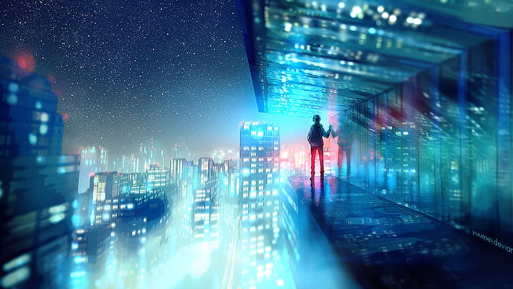 anime character digital wallpaper, fantasy art, stars, night, cyan, city, city lights, bright, glass, HD wallpaper