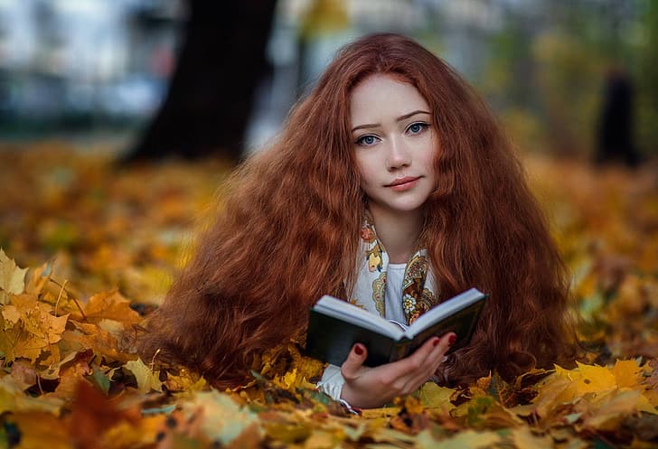 automne, regard, feuilles, humeur, feuillage, livre, rouge, rousse, cheveux longs, Arina, Hakan Erenler, Fond d'écran HD