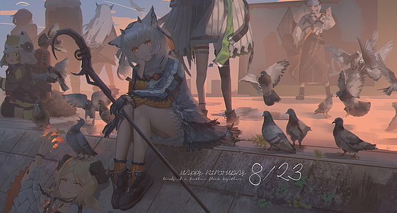 saria (arknights), telinga binatang, burung, tanduk, rambut panjang, paha, Wallpaper HD HD wallpaper