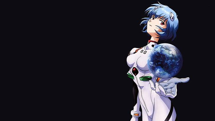mavi saçlı kadın anime siyah takım elbise dijital duvar kağıdı, Neon Genesis Evangelion, Ayanami Rei, mavi, basit arka plan, anime, HD masaüstü duvar kağıdı