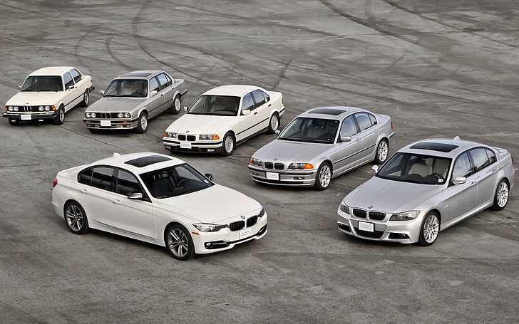 white and silver-colored vehicles, BMW, mixed, e90, E30, e46, 3 Series, E21, e36, f30, HD wallpaper