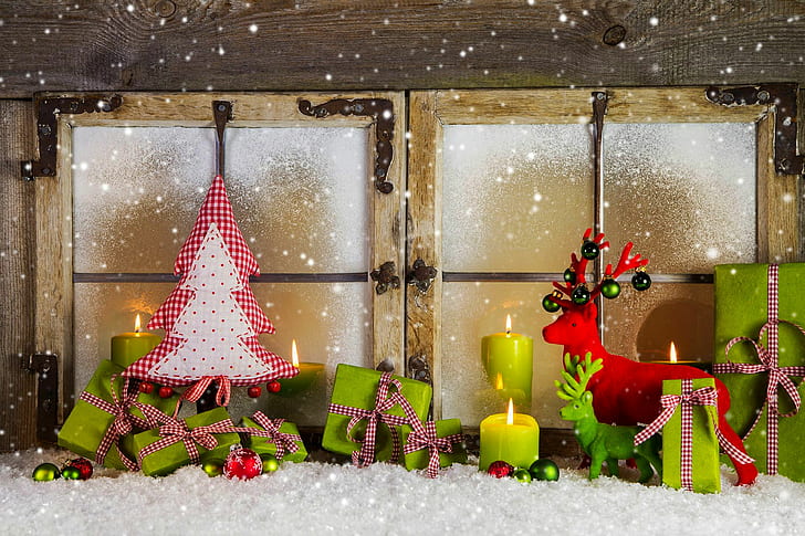 winter, snow, decoration, holiday, balls, tree, candles, window, New year, Happy New Year, box, Merry Christmas, gift, Christmas tree, Christmas decoration, HD wallpaper