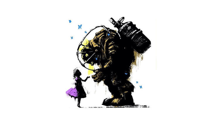 мъж с кислород на гърба илюстрация, бияч, голям татко, BioShock, малка сестра, HD тапет