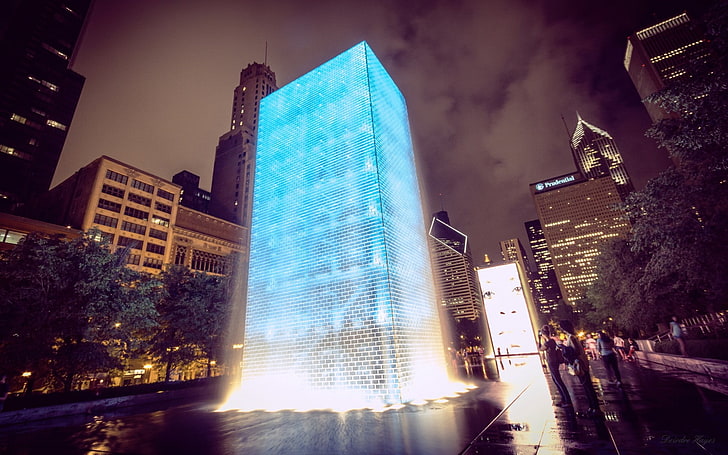 white and blue high-rise building, Chicago, fountain, glowing, building, night, architecture, cyan, city, lights, wet street, reflection, HD wallpaper