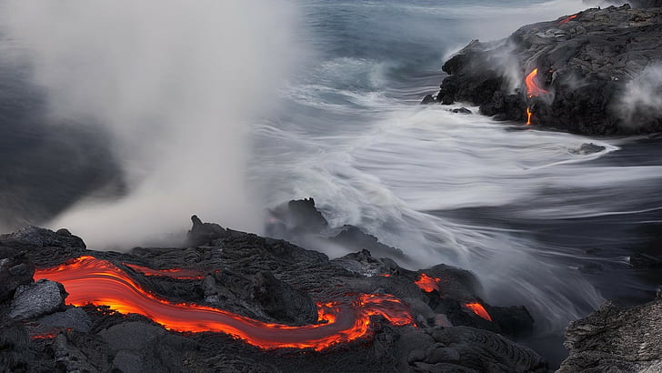 Lava, paesaggio, acqua, vulcano, parco nazionale dei vulcani delle Hawaii, lava, paesaggio, acqua, vulcano, Sfondo HD