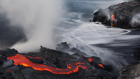 Lava, paesaggio, acqua, vulcano, parco nazionale dei vulcani delle Hawaii, lava, paesaggio, acqua, vulcano, Sfondo HD HD wallpaper