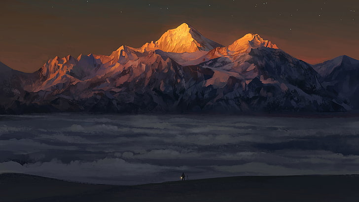 mountains above clouds painting, mountains, sunrise, snow, stars, clouds, lantern, camera, painting, artwork, nature, HD wallpaper