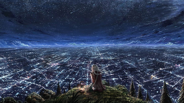 городские обои, женщина в красной шубе у лампы на краю горы, показывая вид на город в ночное время, произведения искусства, городской пейзаж, звезды, ночь, огни, фонарь, HD обои