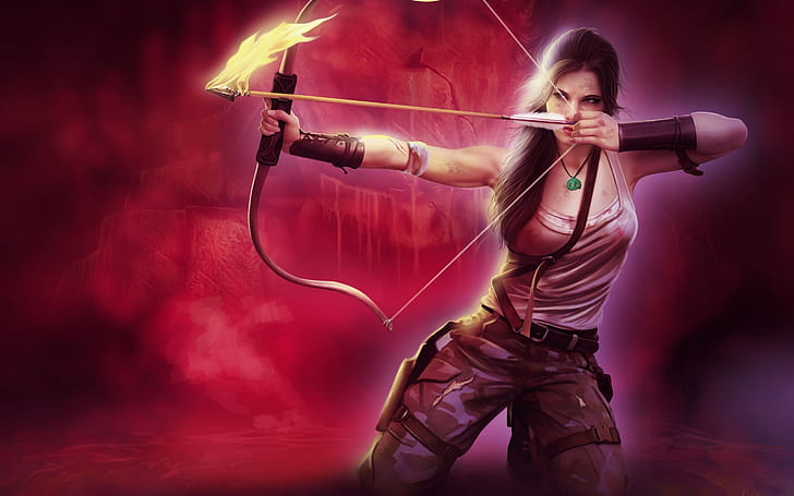 Póster Lara Croft Tomb Raider, mujer en camiseta blanca y pantalones de camuflaje con ilustración de arco compuesto, Lara Croft, Tomb Raider, Fondo de pantalla HD