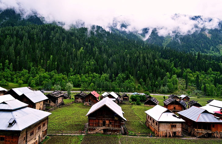 Photography, Landscape, Forest, House, Hut, Kashmir, Mountain, Pakistan, Village, HD wallpaper