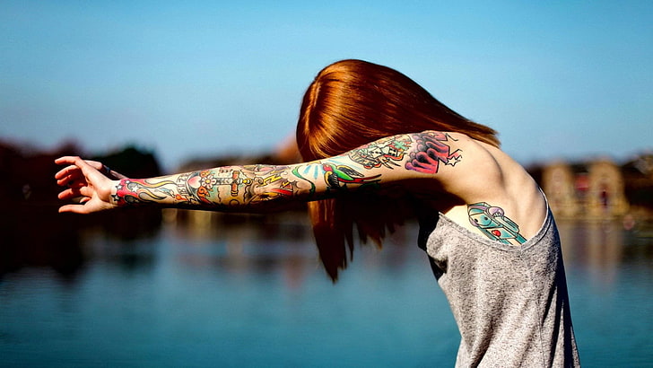 women's gray sleeveless top, tattoo, redhead, tank top, women outdoors, arms, women, model, HD wallpaper
