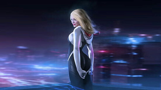 เสื้อแขนยาวสีขาวและสีดำของผู้หญิง, Spider-Gwen, Emma Stone, Spider-Man, แฟนอาร์ต, วอลล์เปเปอร์ HD HD wallpaper