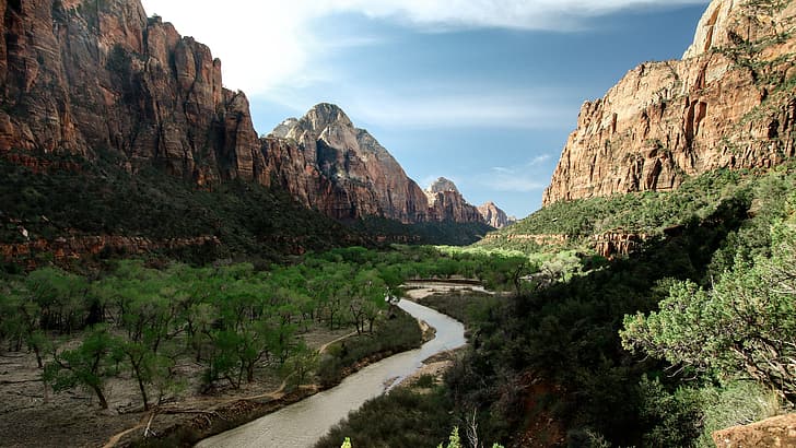 nature, landscape, mountains, trees, rocks, plants, clouds, sky, valley, canyon, Zion National Park, USA, Utah, HD wallpaper