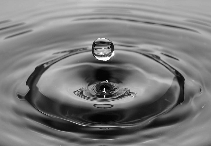 black and white, circle, close up, drop of water, falling, liquid, macro, ripple, surface, waves, HD wallpaper