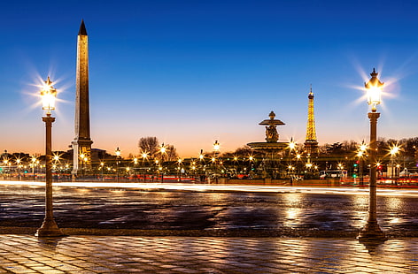 wieża obeliskowa, droga, most, miasto, Francja, Paryż, wieczór, kostka brukowa, fragment, oświetlenie, światła, fontanna, wieża Eiffla, miejsce de La Concorde, obelisk, Place de la Concorde, obelisk w Luksorze, Eiffel wieża, Concorde, Tapety HD HD wallpaper
