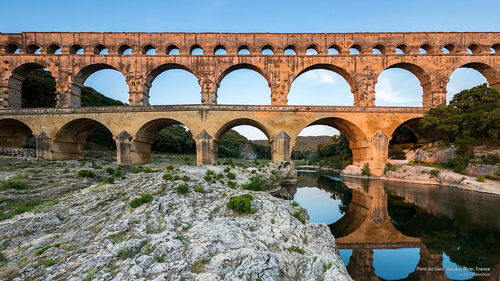Pont du Gard, fiume Gardon, Francia, monumenti, Sfondo HD