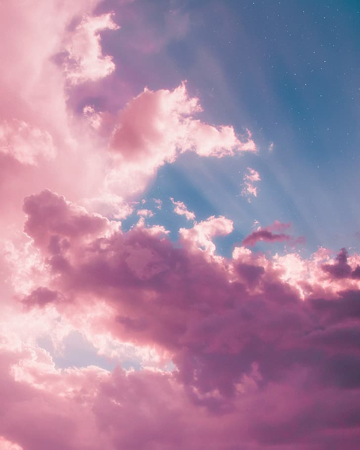 natura, paesaggio, nuvole, cielo sereno, luce del sole, fotografia, blu, nuvole rosa, bianco, colorato, cielo, rosa, arancione, ombra, scintillio, Sfondo HD, sfondo telefono