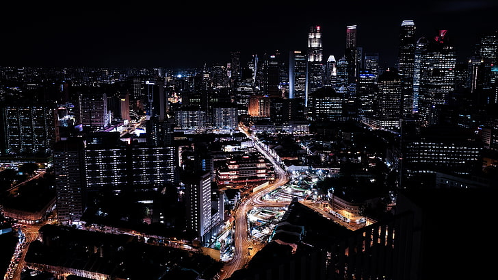 high rise buildings, singapore, skyscrapers, night, night city, HD wallpaper