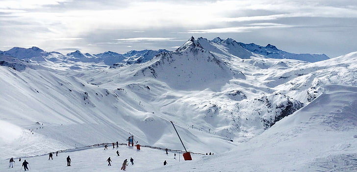 montañas, gente, esquí, pista de esquí, esquí, estación de esquí, pendiente, nieve, deporte, invierno, Fondo de pantalla HD