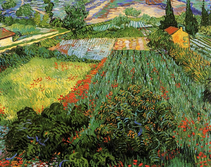 Vincent van Gogh, grafika, malarstwo, sztuka klasyczna, sztuka klasyczna, pole, rośliny, Tapety HD