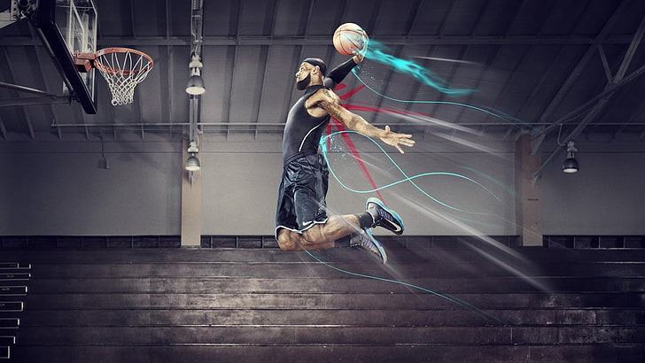 basketball, jumping, LeBron James, sports, men, sport, HD wallpaper