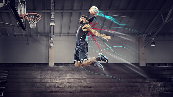 bola basket, lompat, LeBron James, olahraga, pria, olahraga, Wallpaper HD HD wallpaper