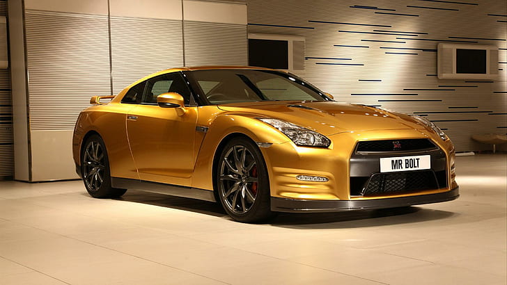 Nissan GT R Gold, coupe gold, gold, nissan, cars, Tapety HD