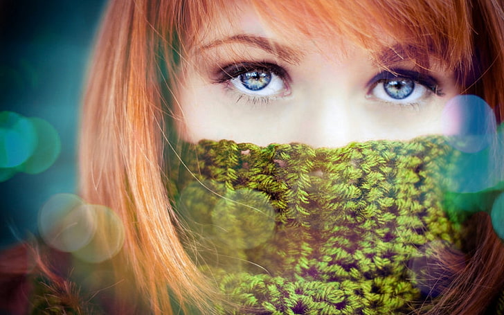 여자의 녹색 니트 스카프, 파란 눈, 소녀, 스카프, 얼굴, HD 배경 화면