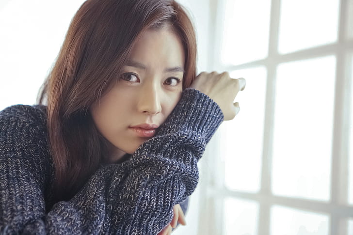 Han HyoJoo, actriz, mujer, asiática, morena, pelo largo, suéter, suave, cara, retrato, coreano, mirando al espectador, Fondo de pantalla HD
