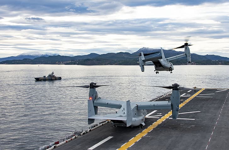 Sea, The tiltrotor, The Norwegian sea, US NAVY, MV-22B Osprey, US Marine Corps, Norwegian Navy, HNoMS Storm (P961), USS Iwo Jima (LHD 7), HD wallpaper