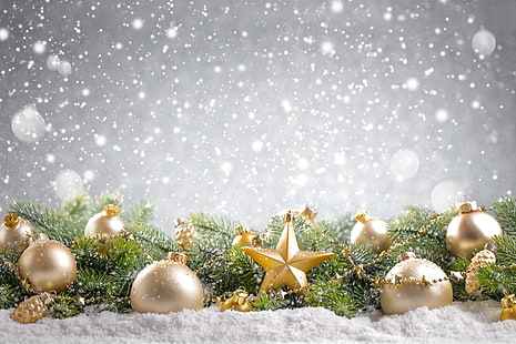 gold Christmas baubles, winter, snow, decoration, balls, tree, New Year, Christmas, Merry Christmas, Xmas, snowman, HD wallpaper HD wallpaper