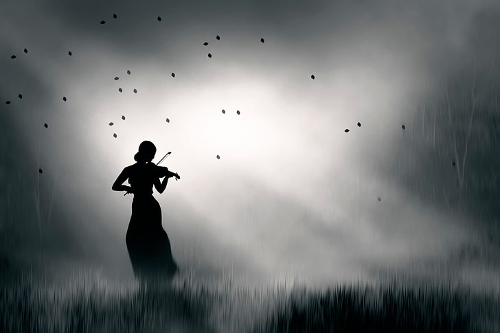 silhouette, violinist, I play my lonely song, HD wallpaper