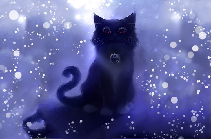 black cat with yin yang collar illustration, cat, circles, figure, art, sparks, symbol, Yin-Yang, kotska, style apofiss, Roydz, HD wallpaper
