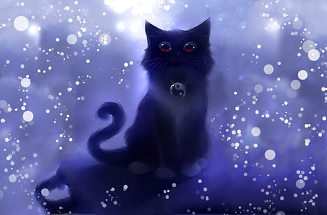 gatto nero con illustrazione colletto yin yang, gatto, cerchi, figura, arte, scintille, simbolo, Yin-Yang, kotska, apofiss stile, Roydz, Sfondo HD HD wallpaper