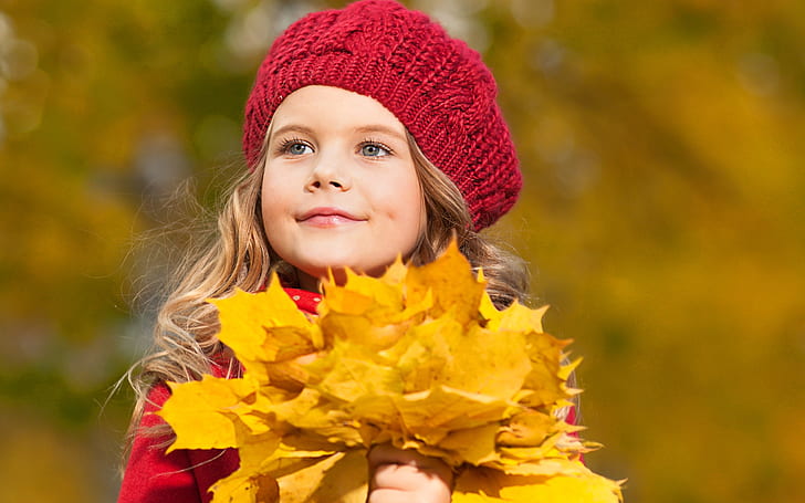 Child HD, red knitted beanie; yellow autumn leaves, photography, child, HD wallpaper