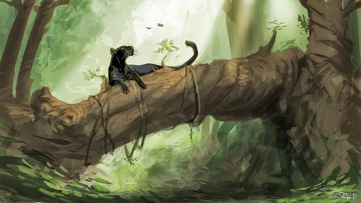 black panther reclining on tree wallpaper, fantasy art, panthers, jungle, nature, artwork, HD wallpaper
