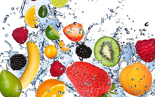 assorted fruits, water, drops, squirt, freshness, raspberry, lemon, kiwi, strawberry, lime, fruit, banana, apricot, fresh, mint, BlackBerry, avocado, spray, Fruits, HD wallpaper HD wallpaper