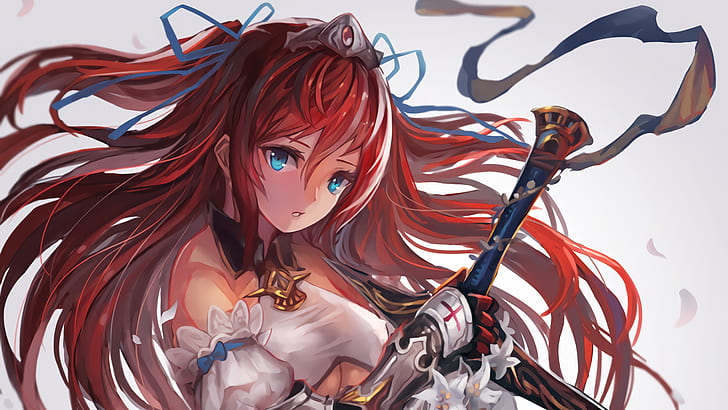 anime, pedang, karya seni, gadis anime, berambut merah, Wallpaper HD