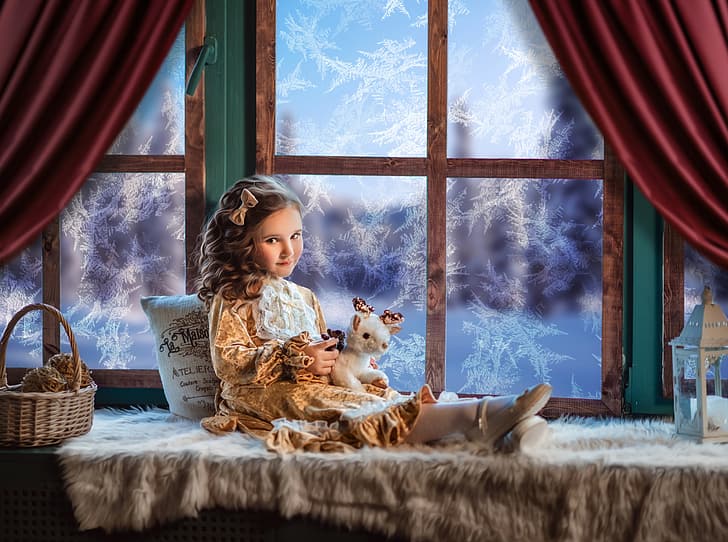 toy, dress, window, frost, girl, lantern, pillow, basket, bow, curls, on the windowsill, Диана Липкина, HD wallpaper