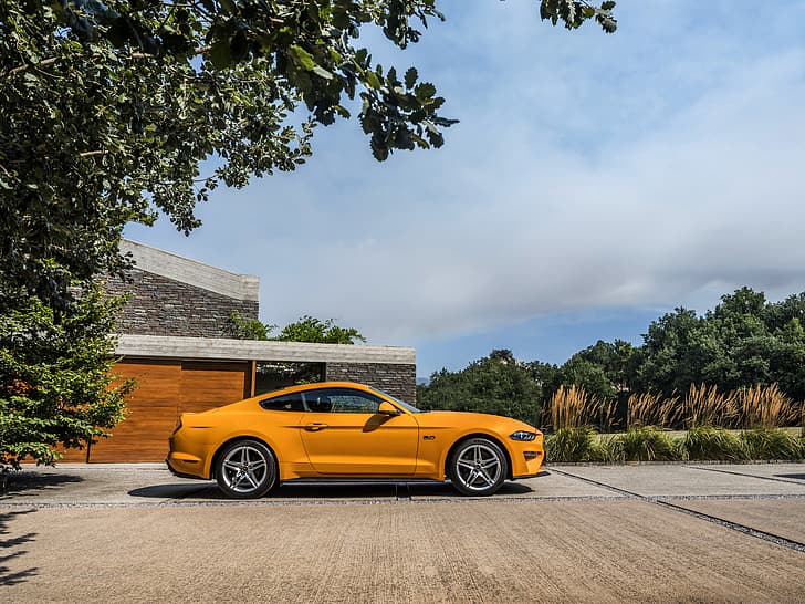 주황색, 포드, 주차, 프로필, 2018, 패스트백, Mustang GT 5.0, HD 배경 화면
