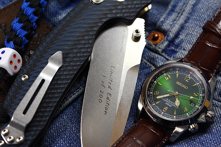 okrągły, zielono-srebrny zegarek analogowy Seiko, zegarek, nóż, składany, kostka, Tapety HD